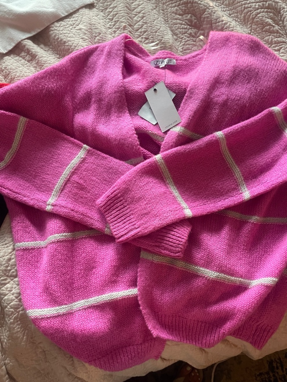 Bright Pink V-Neck Striped Knit Sweater Cardigan